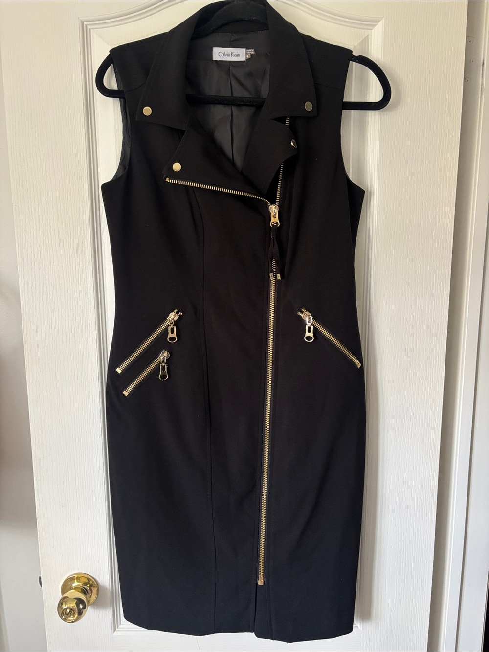 Calvin Klein Black Sleeveless Moto Sheath Dress with Gold Zippers